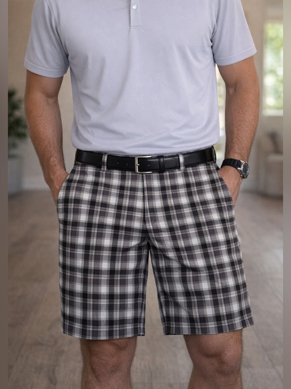 Slazenger Men’s Golf Shorts 36 Black Gray Plaid Stretch Preppy Bermuda 11"